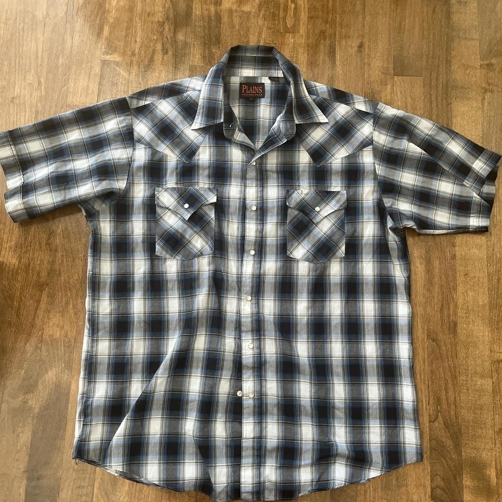 Western plaid pearl snap short sleeve shirt collared pockets country workwear L
